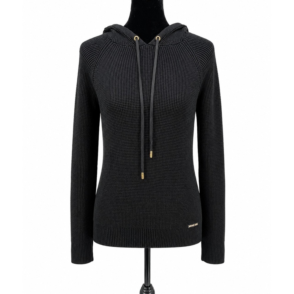 Michael Kors Women's XL Black Waffle Knit Hooded Sweater Pullover Gold Tone Logo